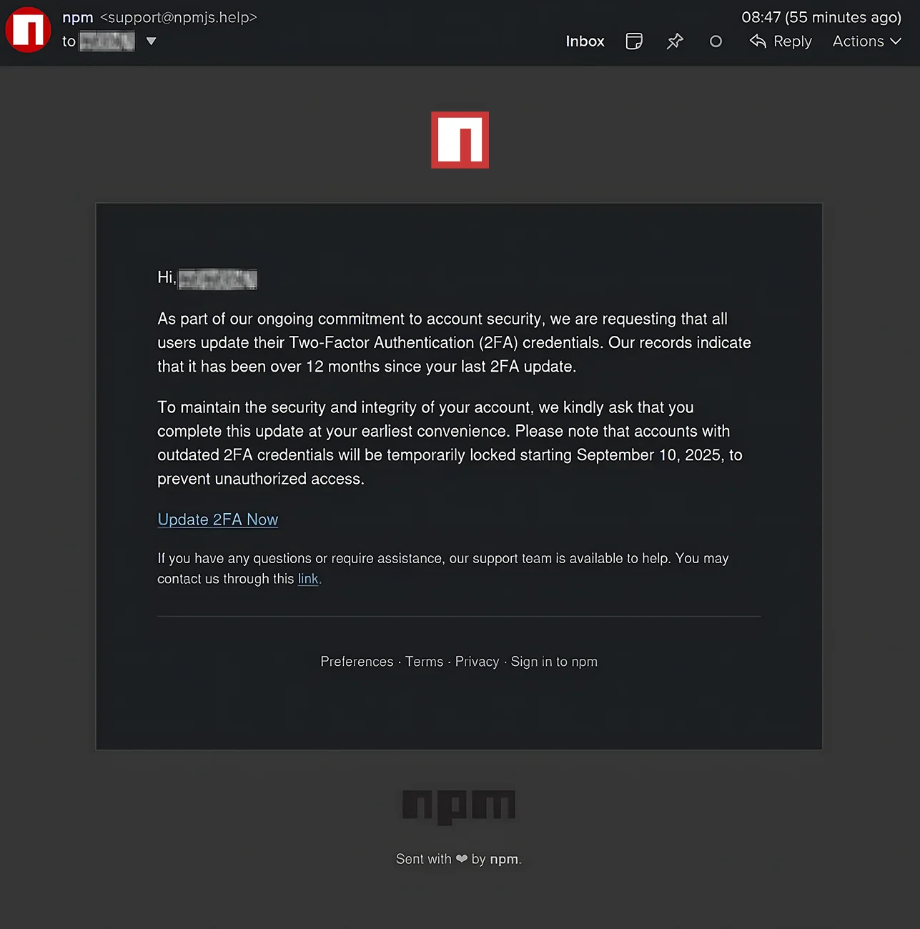 Phishing email to Josh Junon from NPM supply chain attack